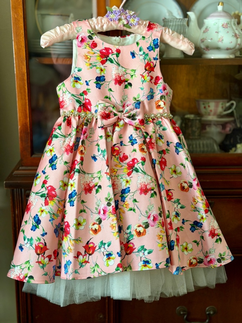 Floral Pink with white tulle Party Dress for Girls